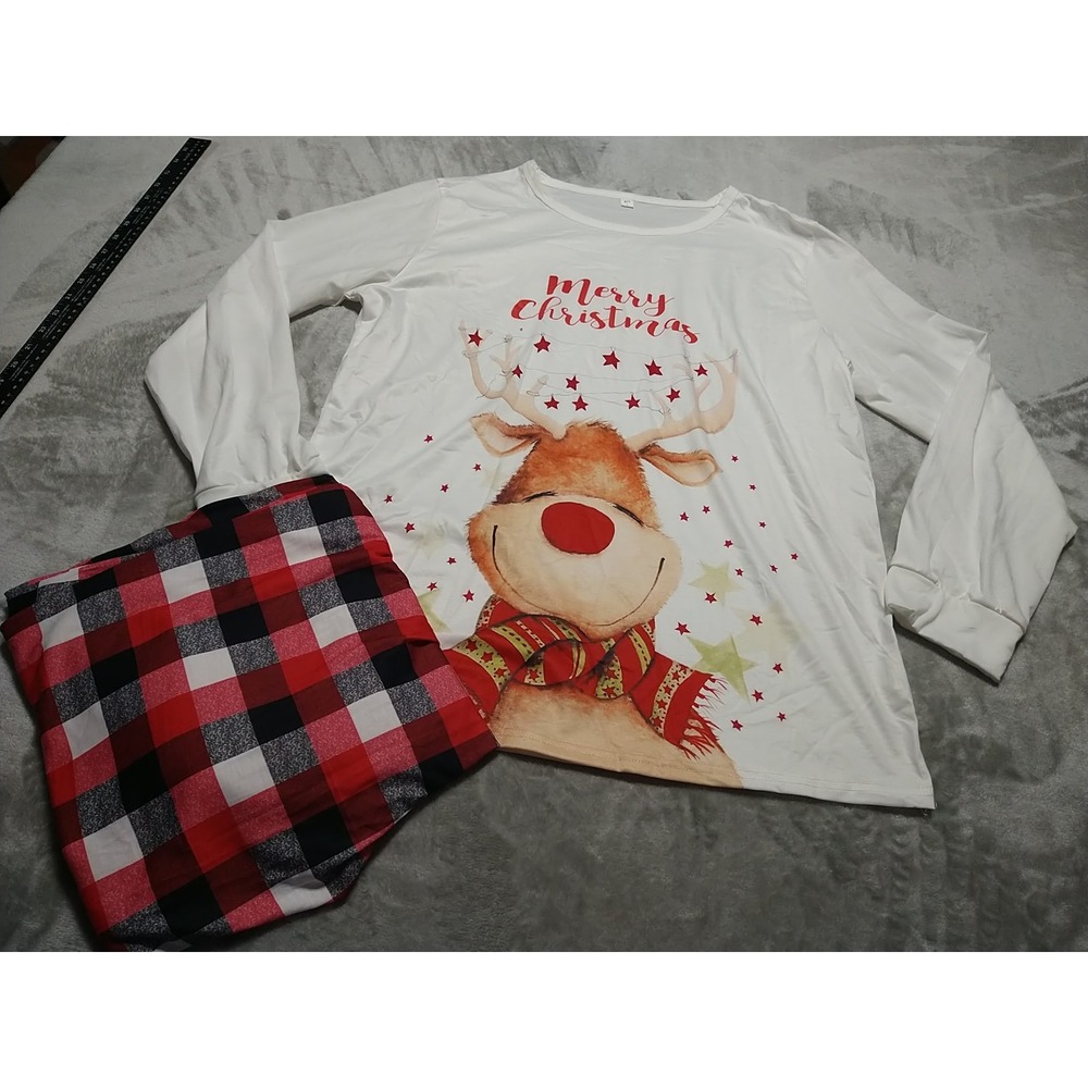 Christmas Pajamas Men L White Top Red Plaid Pants Holiday Pics Comfort Family‎